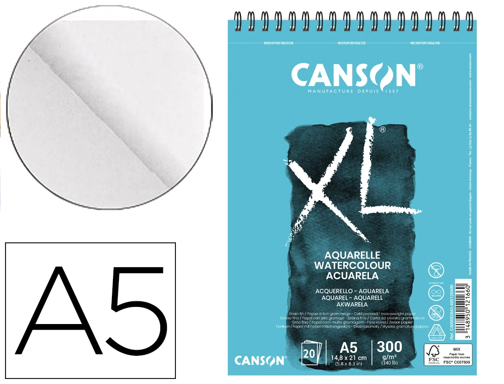 [167949] Bloc dibujo acuarela canson xl aquarelle grano fino din a5 microperforado espiral 14,8x21 cm 20 hojas 300 gr/m2