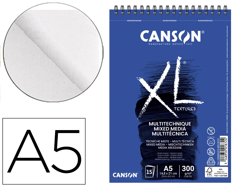 [167942] Bloc dibujo acuarela canson xl mix media grano medio din a5 15 hojas 300 gr/m2