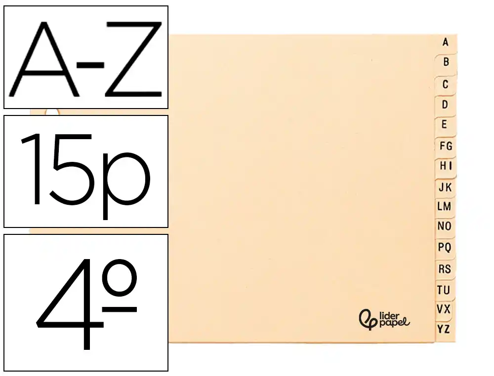 [166925] Indice alfabetico liderpapel cartulina para archivador 15 posiciones a-z cuarto apaisado