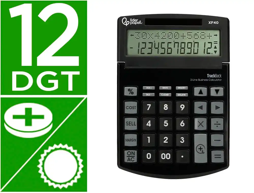 [166792] Calculadora liderpapel sobremesa xf40 12 digitos dos lineas solar y pilas negro 175x120x30 mm 40% reciclada
