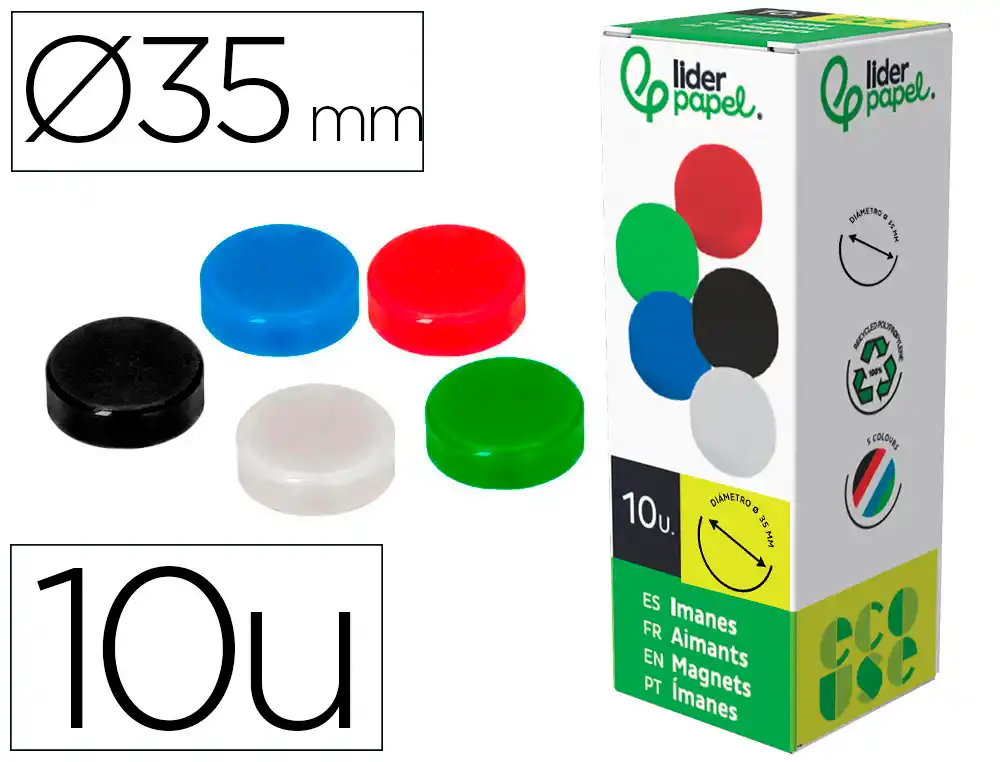[166340] Iman para sujecion liderpapel ecouse pp reciclado para pizarra magnetica 35 mm caja de 10 unidades
