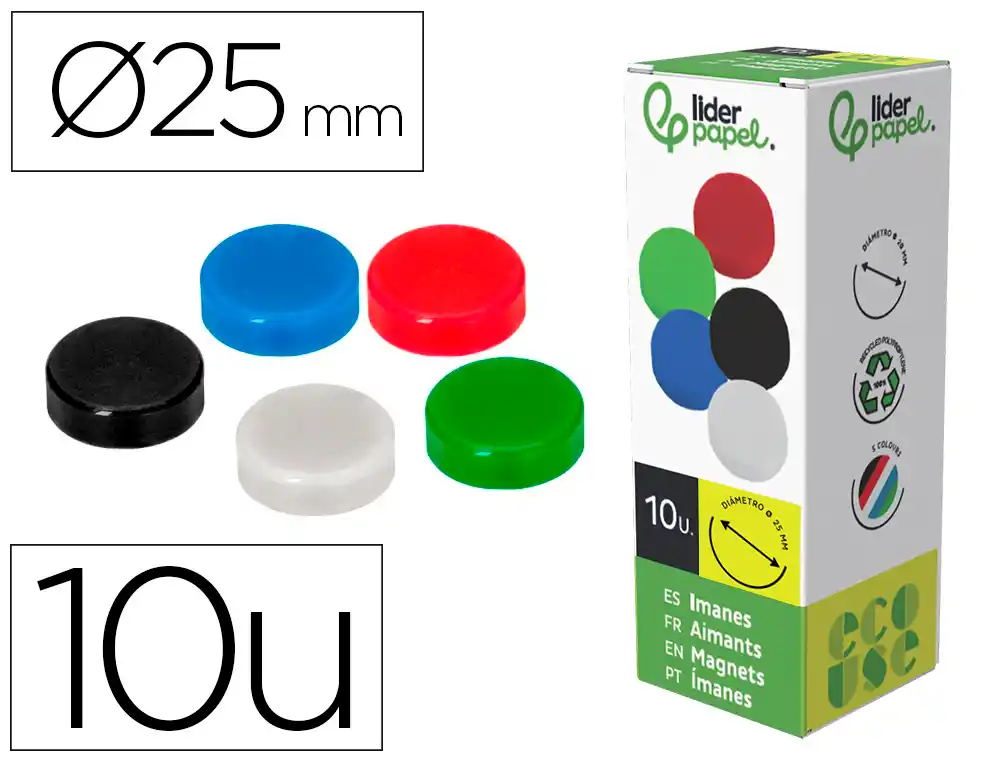 [166339] Iman para sujecion liderpapel ecouse pp reciclado para pizarra magnetica 25 mm caja de 10 unidades