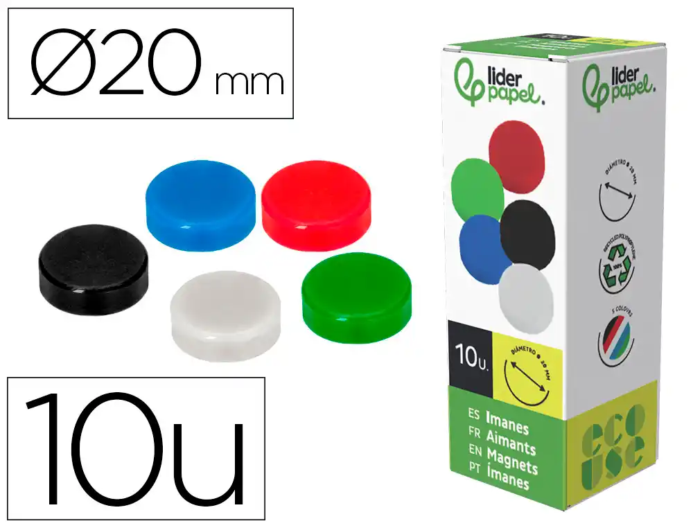 [166338] Iman para sujecion liderpapel ecouse pp recicladopara pizarra magnetica 20 mm caja de 10 unidades