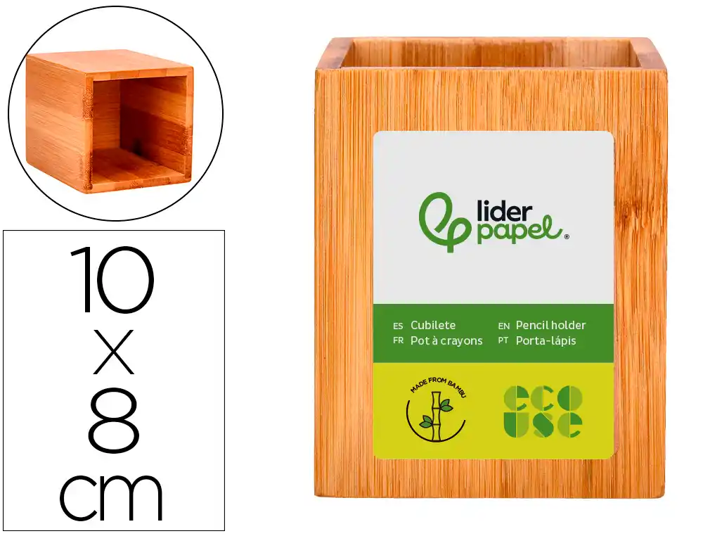 [166141] Cubilete portalapices liderpapel bambu 100% natural ecouse cuadrado 80x80x100 mm
