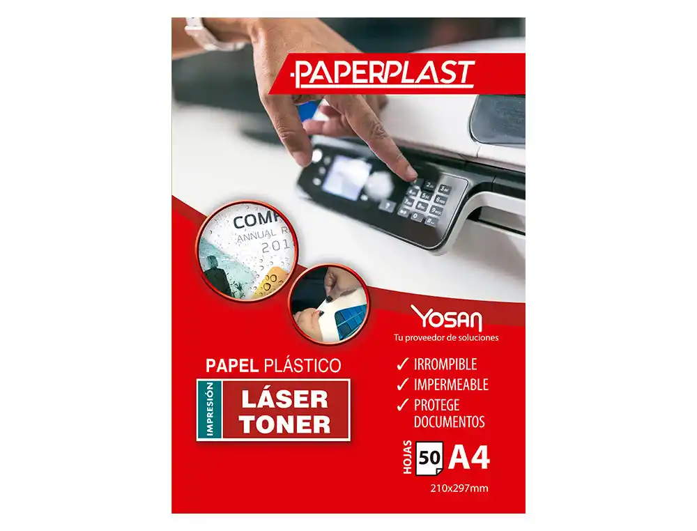 [165724] Papel plastico yosan paperplast poliester blanco brillo din a4 200 mc imprimible paquete de 50 hojas