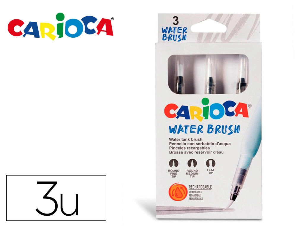 [165383] Pincel carioca recargable agua redondo caja de 3 unidades puntas surtidas