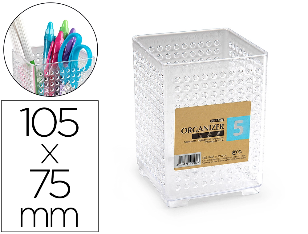 [164577] Cubilete portalapices plastiforte transparente plastico organizer cuadrado nº5 75x75x105 mm