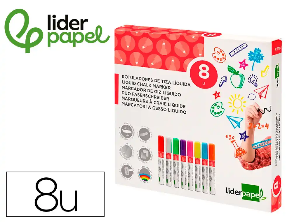 [163642] Rotulador liderpapel tiza liquida punta redonda trazo 6 mm caja de 8 unidades colores surtidos