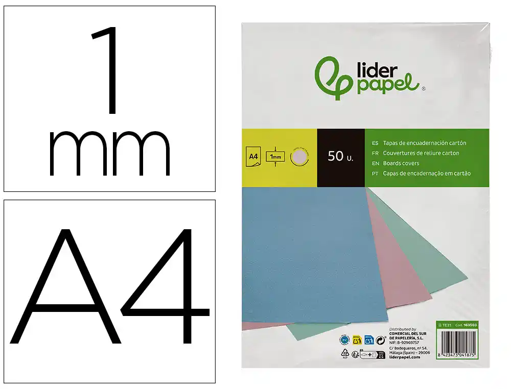 [163503] Tapa encuadernacion liderpapel carton a4 1 mm rosa paquete de 50 unidades