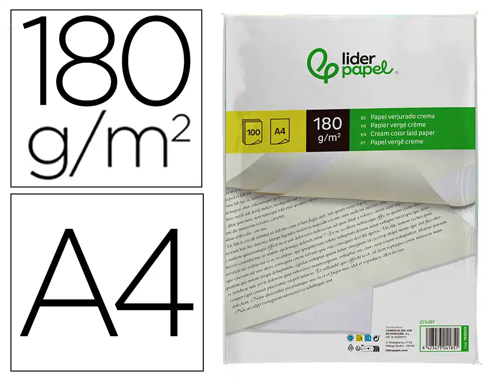 [163502] Papel verjurado liderpapel din a4 180g/m2 crema paquete de 100 hojas