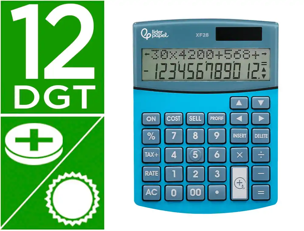 [163493] Calculadora liderpapel sobreme sa xf28 12 digitos dos lineas coste venta margen y tasas solar y pilas azul 155x115x25 mm