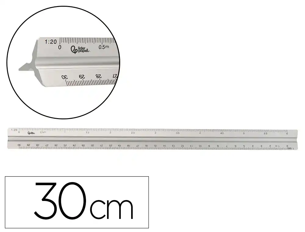 [163437] Escala liderpapel aluminio forma triangular con funda protectora longitud 30 cm 1:20 1:25/1:50/1:75/1:100/1:150