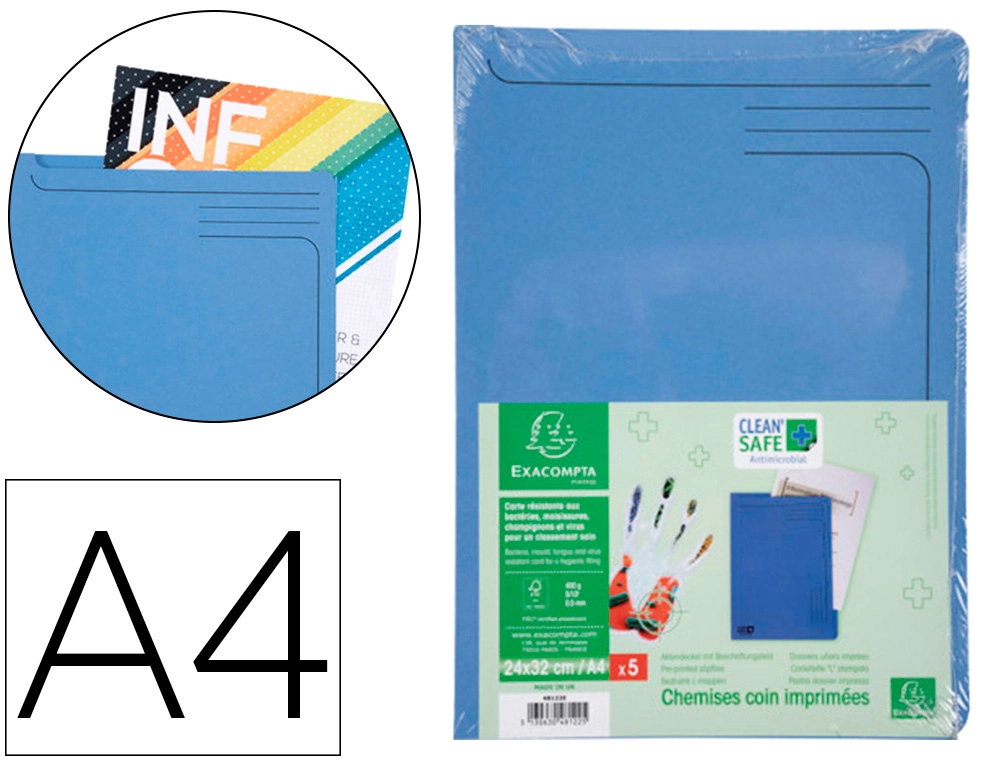 [162330] Carpeta dossier uñero exacompta clean safe cartulina 400 gr din a4 azul paquete de 5 unidades
