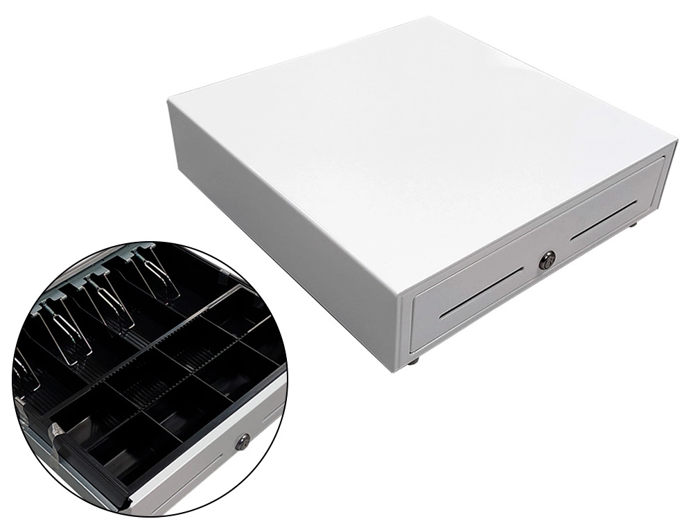 [162203] Cajon portamonedas 8 monederos 4 billeteros con llave electrico blanco 410x415x110mm