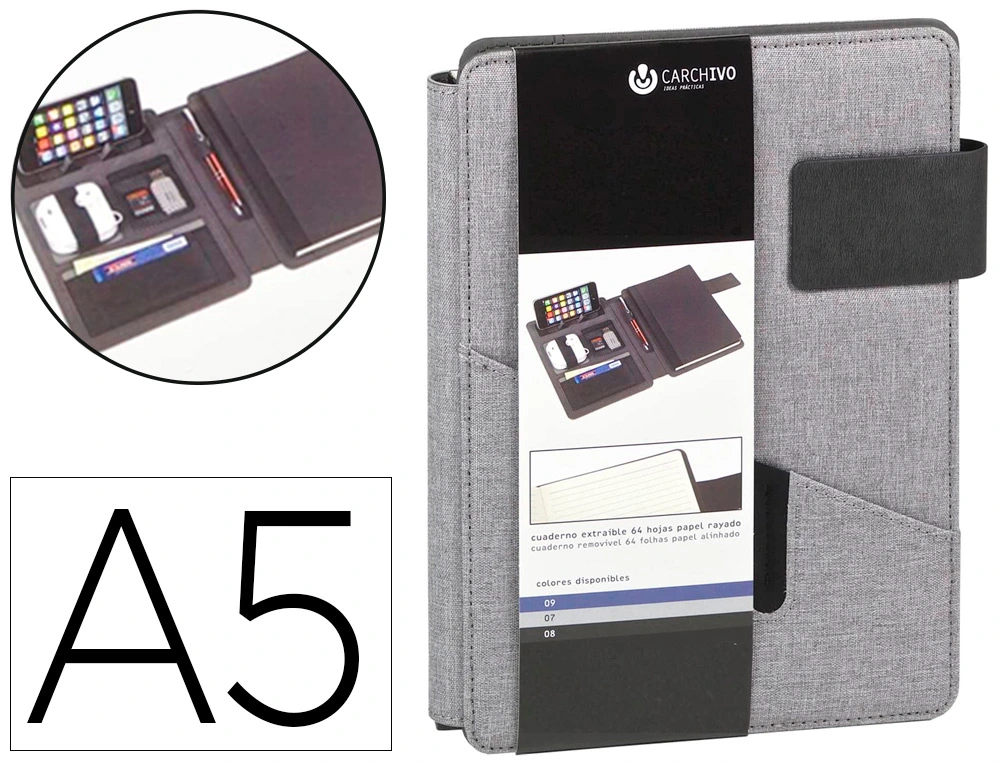 [159879] Carpeta portafolios carchivo venture din a5 con cuaderno y soporte smartphone color gris