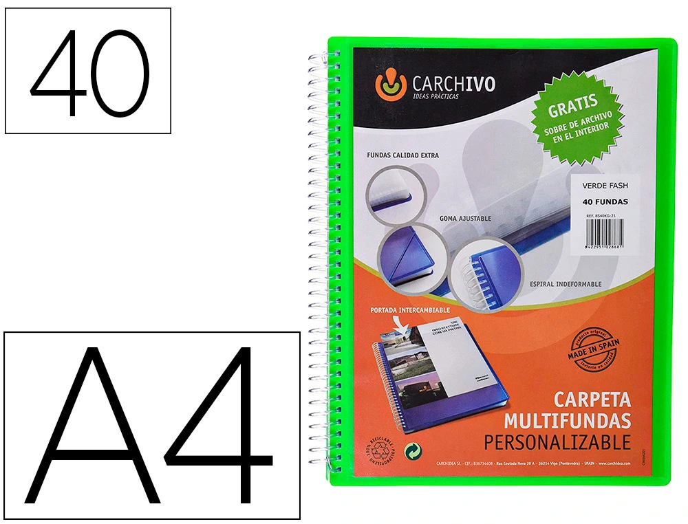 [159876] Carpeta carchivo archivex polipropileno canguro verde escaparate con espiral 40 fundas cierre gomas din a4