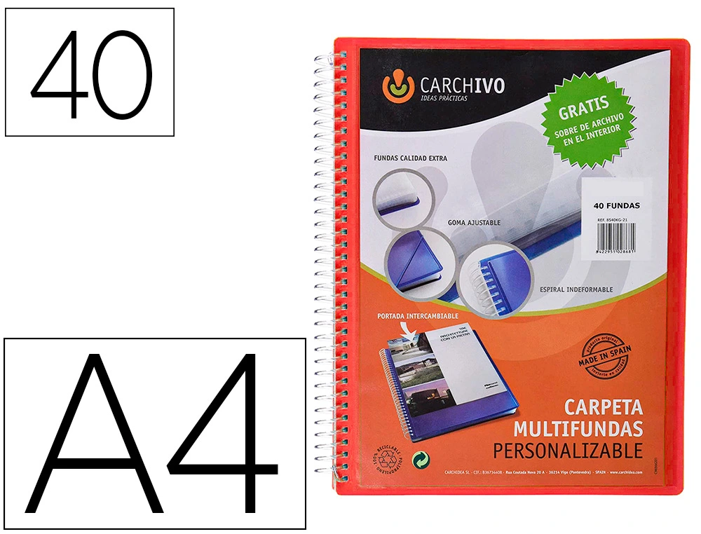 [159875] Carpeta carchivo archivex polipropileno canguro roja escaparate con espiral 40 fundas cierre gomas din a4