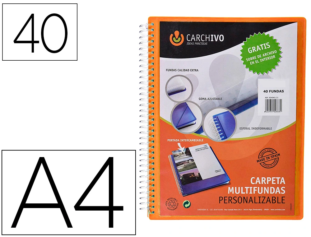 [159874] Carpeta carchivo archivex polipropileno canguro naranja escaparate con espiral 40 fundas cierre gomas din a4