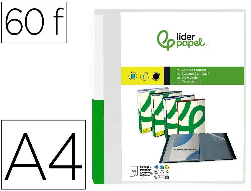 Carpeta liderpapel 60 fundas canguro pp din a4 transparenteportada y lomo personalizable