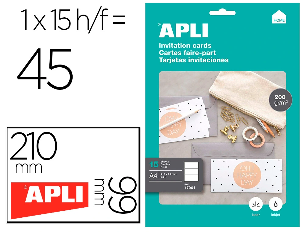 [157820] Tarjeta de visita apli invitacion hogar 210x99mm 200 g blanca pack de 15 hojas din a4