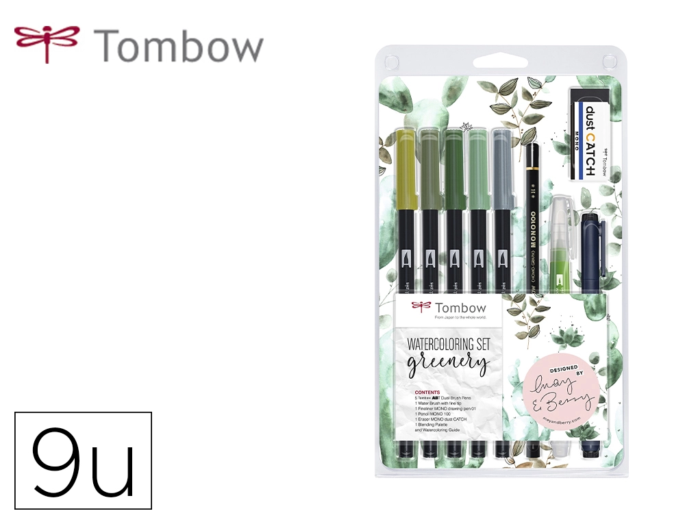 Set watercoloring tombow greenery 9 piezas