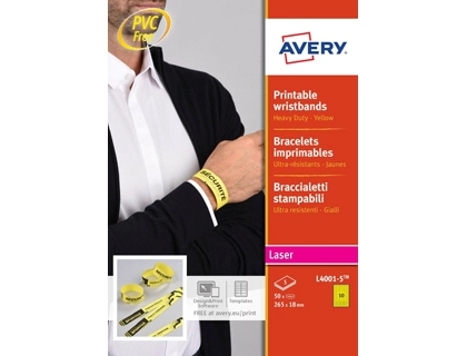 [153617] Pulsera identificativa avery polietileno amarillo fluorescente imprimible laser 265x18 mm pack de 50 unidades