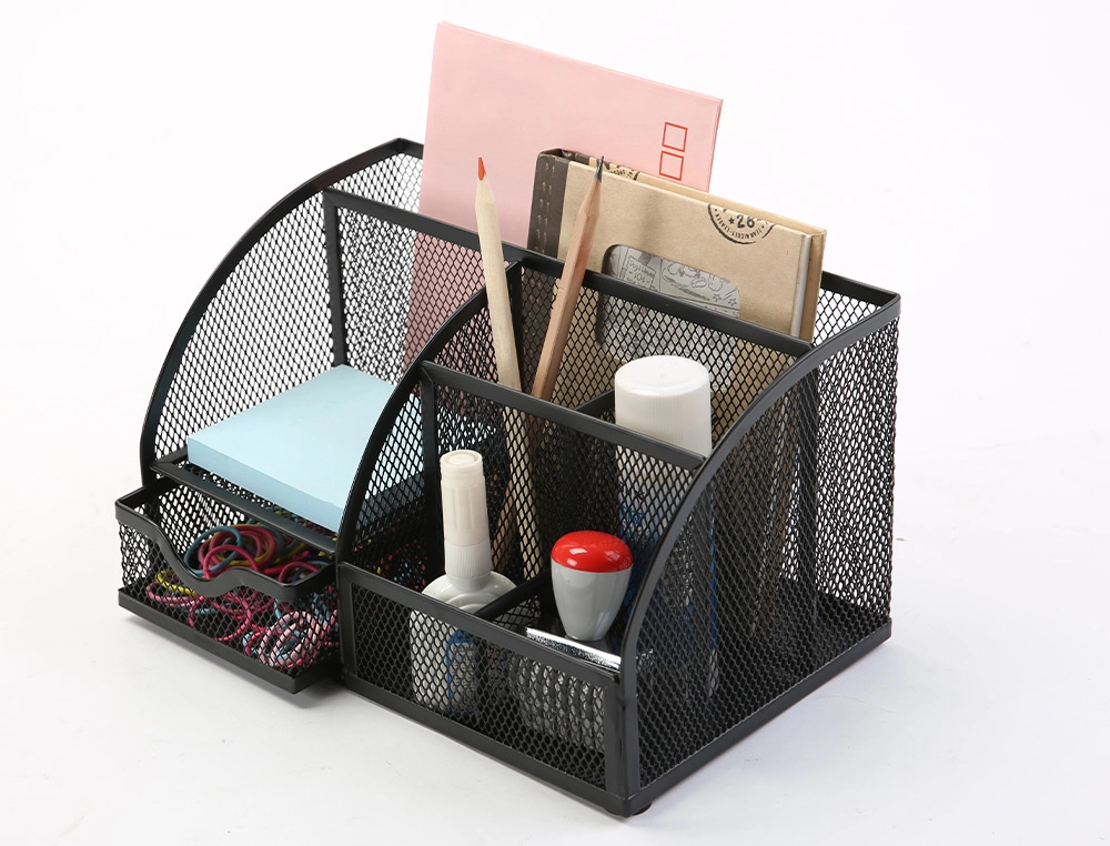 [153571] Organizador sobremesa q-connect kf17295 metalico curvo rejilla negra con 5 departamentos 220x140x130 mm