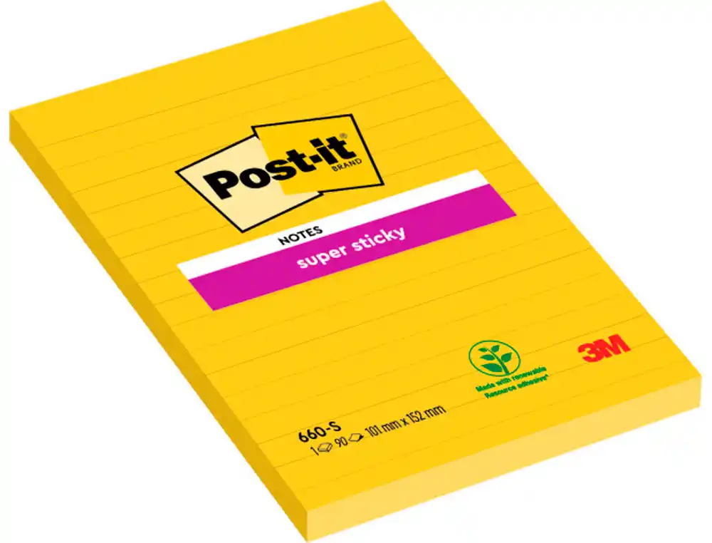 [150374] Bloc de notas adhesivas quita y pon post-it super sticky rayado amarillo ultra 101x152 mm