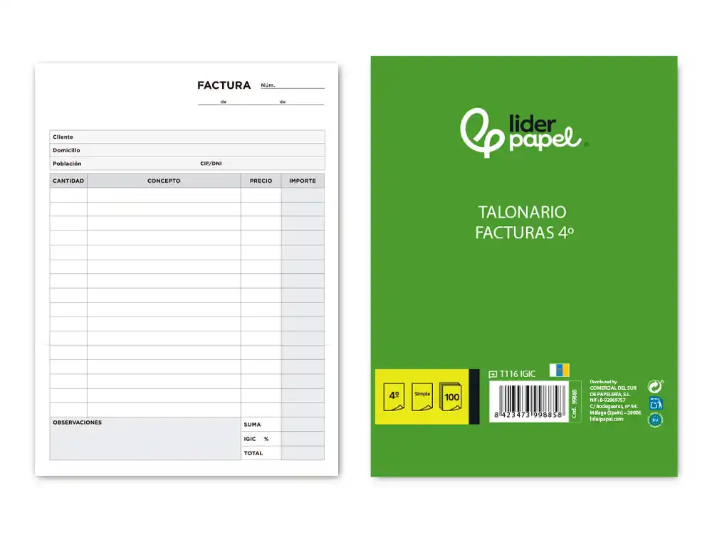 Talonario liderpapel facturas cuarto original t116 con i.g.i.c.