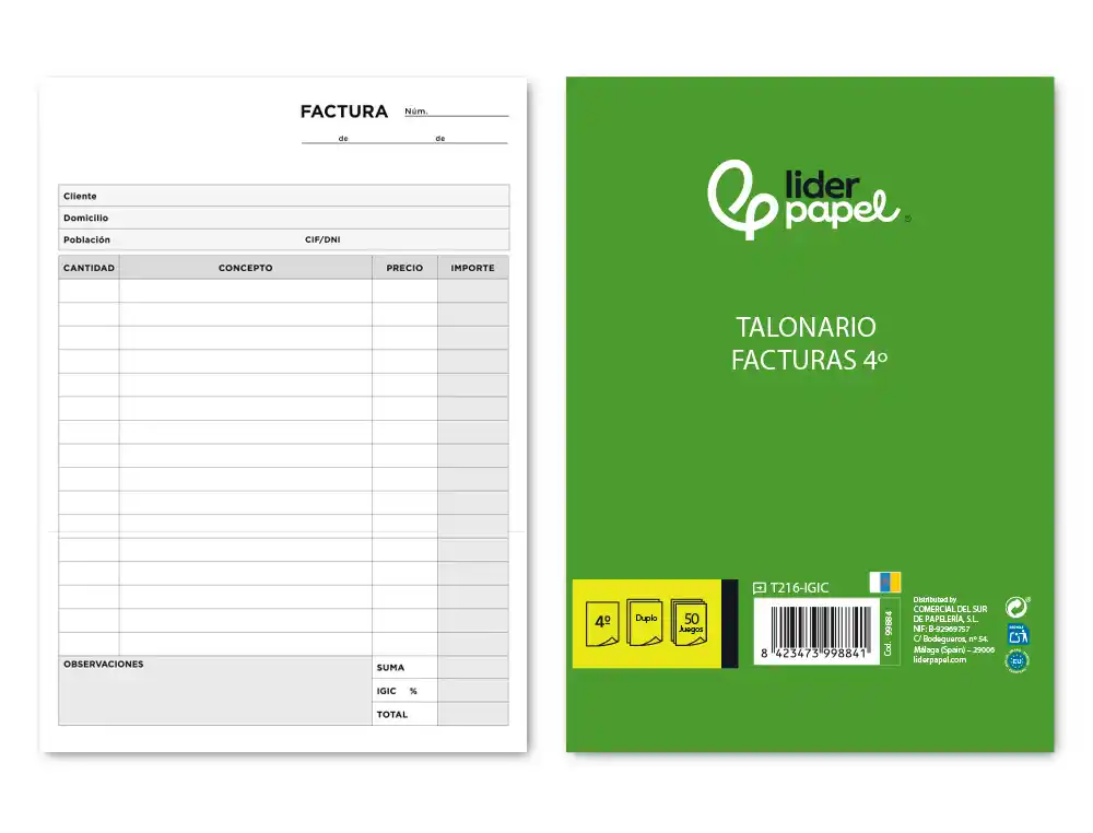 [99884] Talonario liderpapel facturas cuarto original y copia t216 con i.g.i.c.