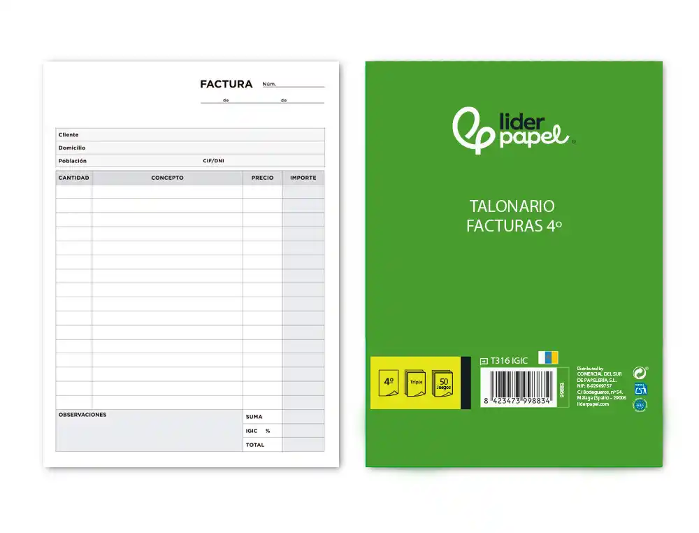 [99883] Talonario liderpapel facturas cuarto original y 2 copias t316 con i.g.i.c.