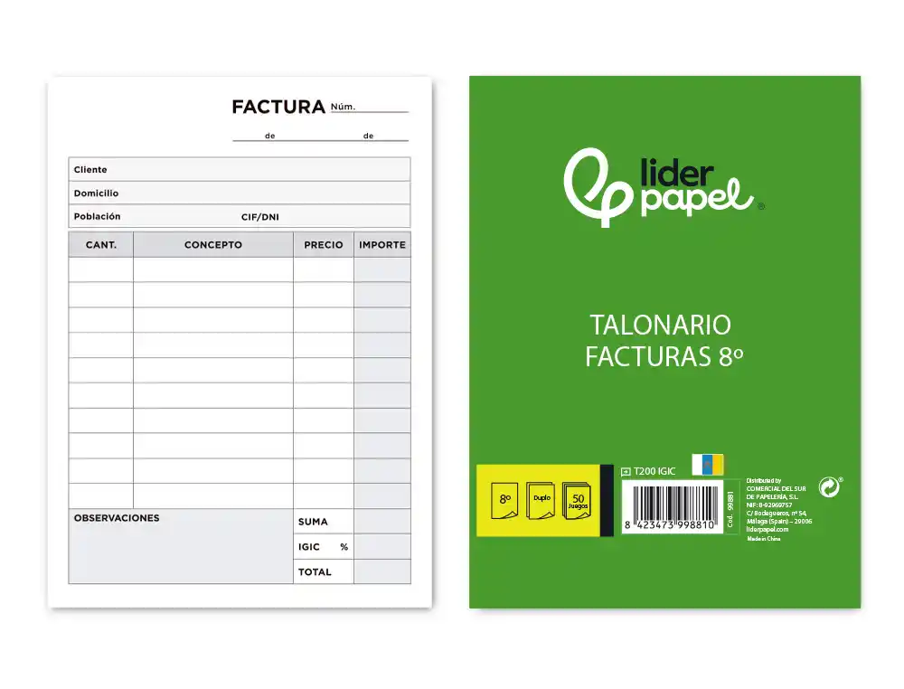 Talonario liderpapel facturas 8º original y copia t200 con i.g.i.c