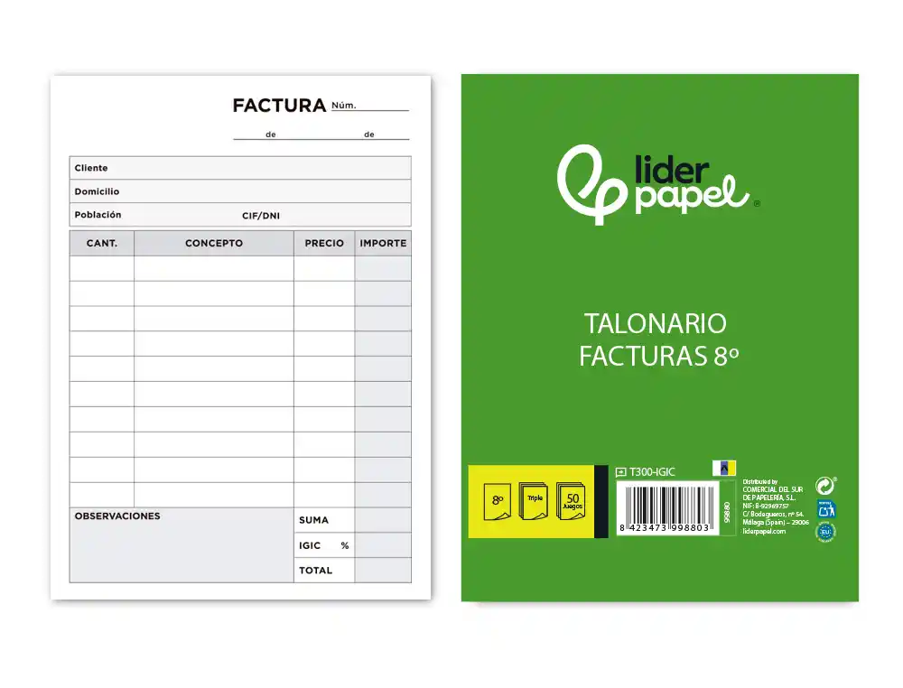 [99880] Talonario liderpapel facturas 8º original y 2 copias t300 con i.g.i.c.