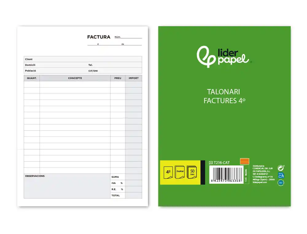 [96336] Talonario liderpapel facturas cuarto original y copia t216 con i.v.a. texto en catalan