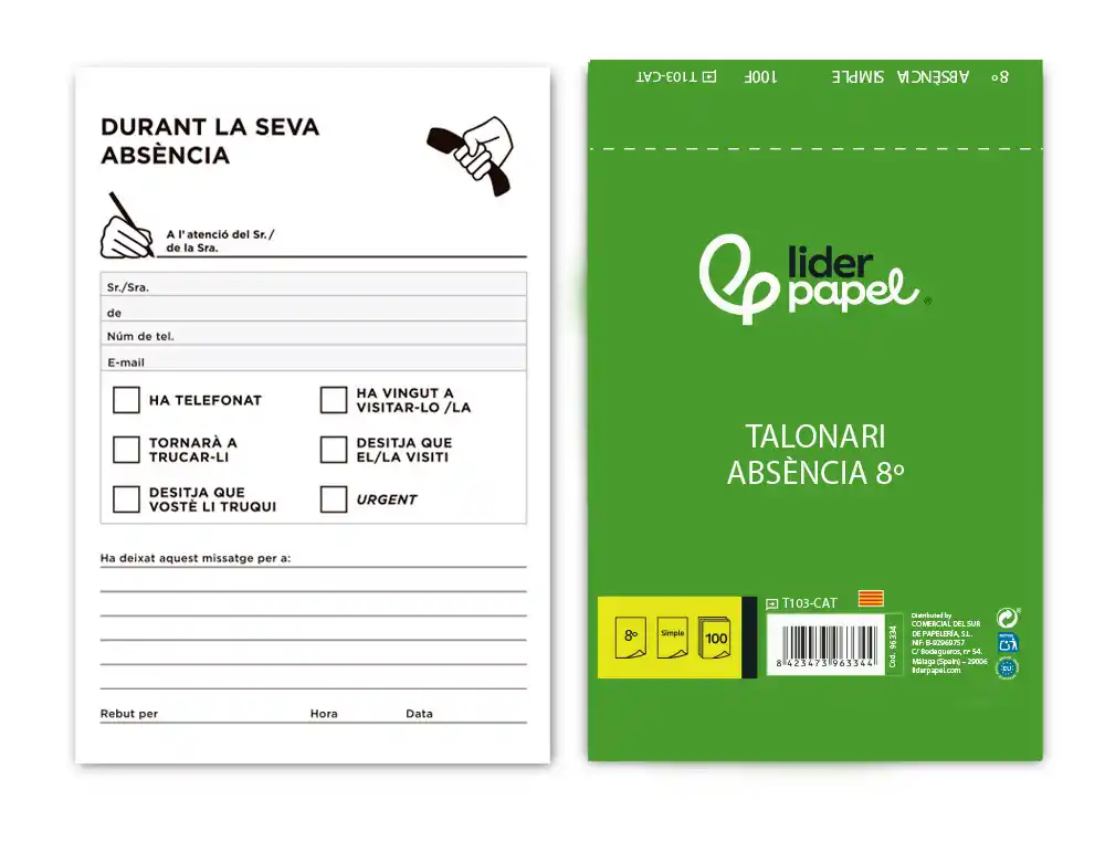[96334] Talonario liderpapel ausentes octavo original t103 texto en catalan