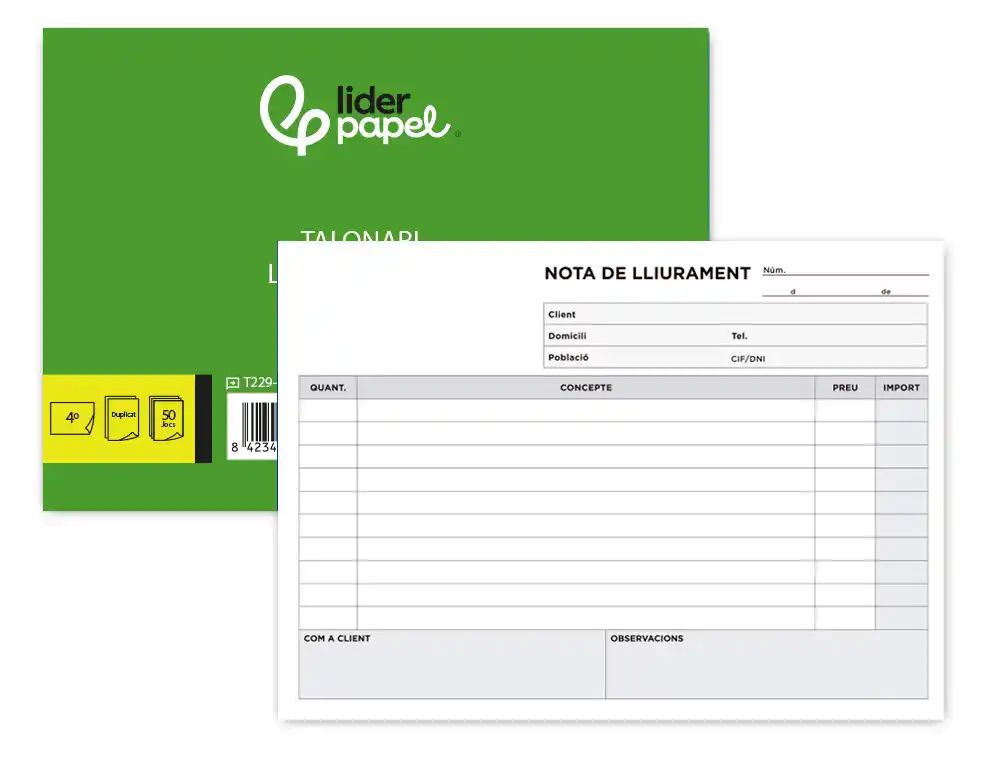 [96331] Talonario liderpapel entregas cuarto original y copia t229 apaisado texto en catalan