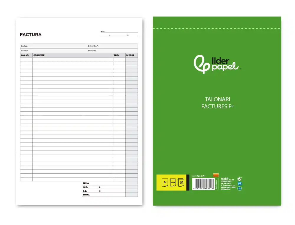 [96322] Talonario liderpapel facturas folio original y copia t223 con i.v.a. texto en catalan