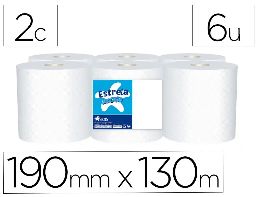 Papel secamanos amoos 2 capas 192 mm x 130 m paquete de 6 rollos