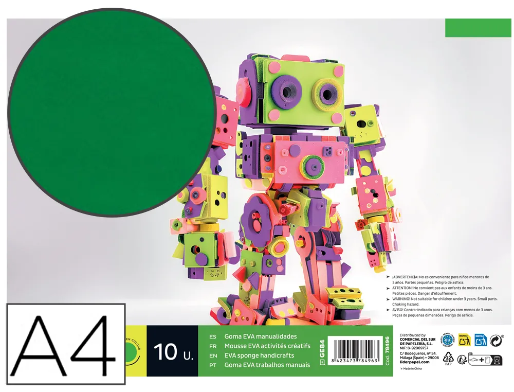 [78496] Goma eva liderpapel din a4 60g/m2 espesor 1,5mm verde paquete de 10 hojas