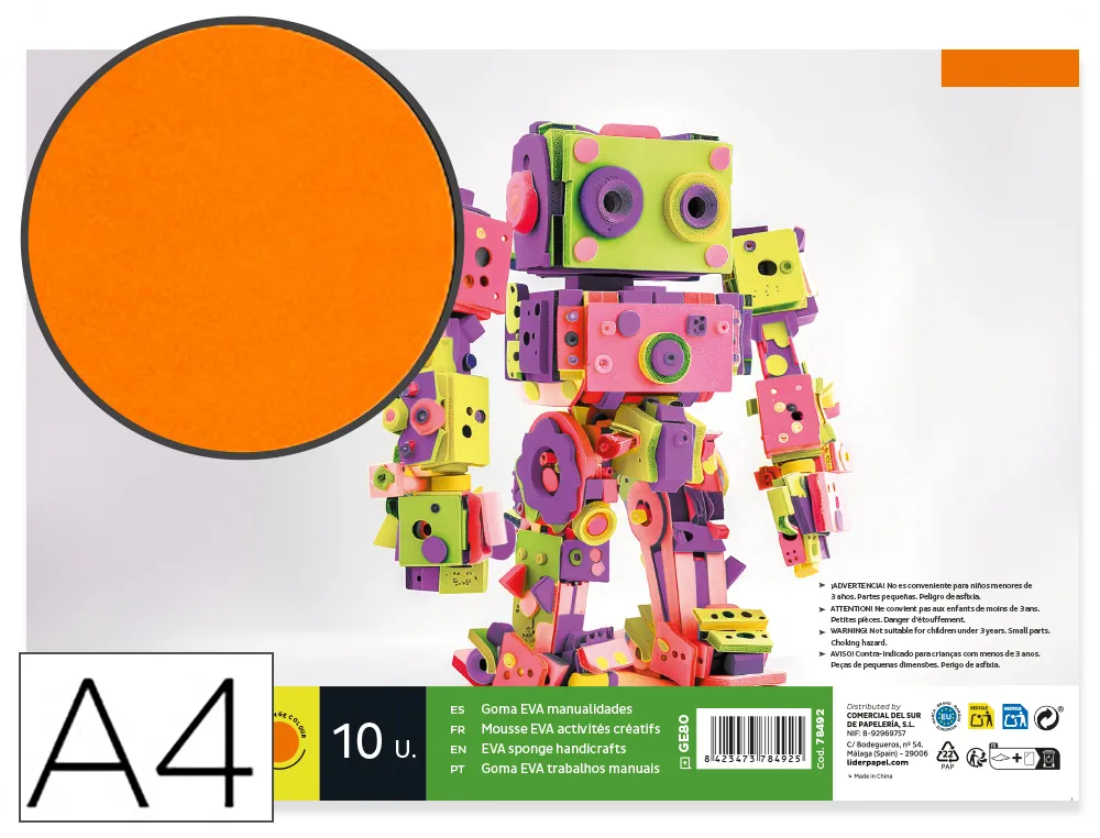 [78492] Goma eva liderpapel din a4 60g/m2 espesor 1,5mm naranja paquete de 10 hojas