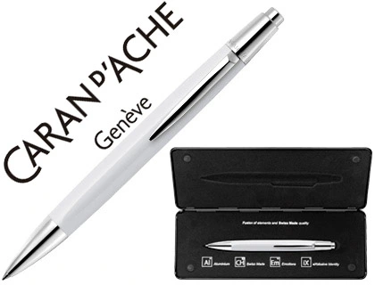 [76353] Boligrafo caran d'ache alchemix cuerpo laca blanca adornos cromados brillante con estuche punta media