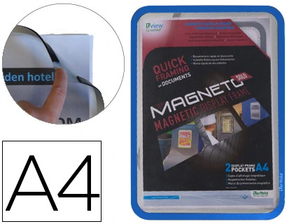 Marco porta anuncios djois magneto din a4 con 4 bandas magneticas en el dorso color azul pack de 2 unidades
