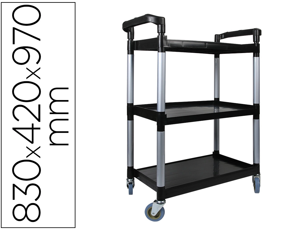Carro de servicio multifuncional q-connect 3 estantes de polipropileno 830x420x970 mm