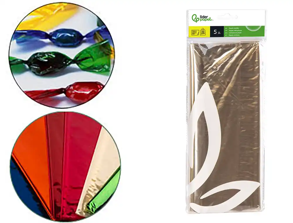 Papel celofan liderpapel 50x70 cm 22 g bolsa de 5 hojas transparente