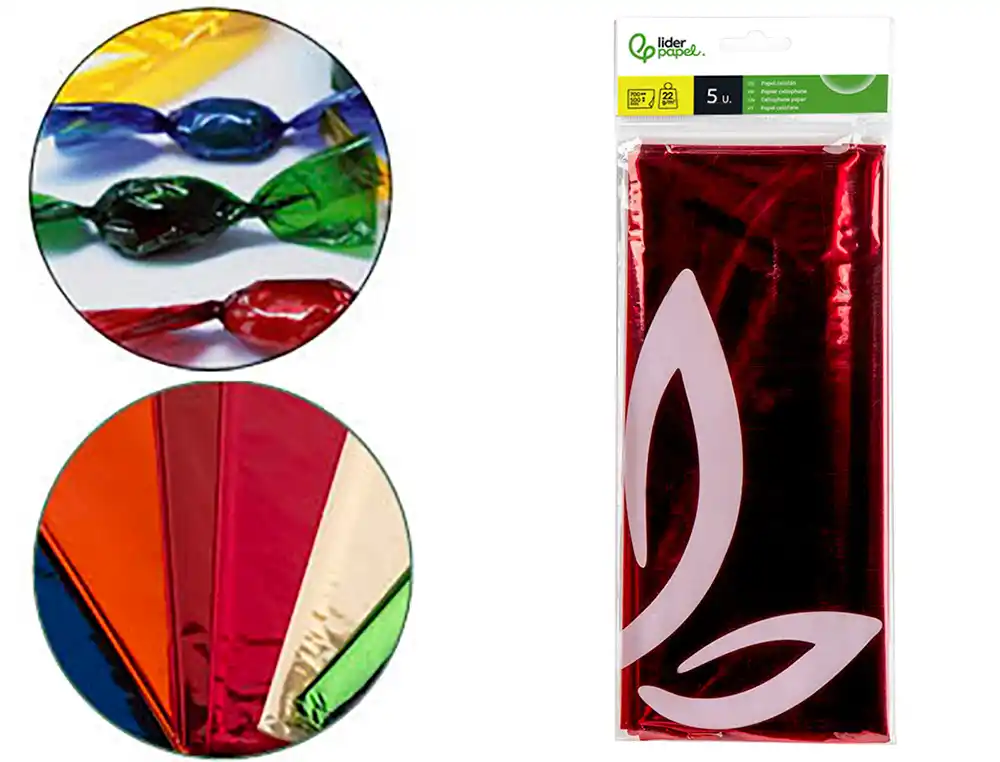 [75024] Papel celofan liderpapel 50x70 cm 22 g bolsa de 5 hojas rojo