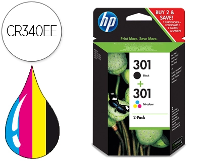 Ink jet hp 301 pack con tinta negra y tinta tricolor 1000/1001 3000/ 3050/3050se/3050ve 1050a/2050a/2054a/3050a