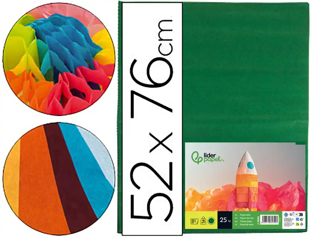 [72799] Papel seda liderpapel verde oscuro 52x76cm 18 gr/m2 paquete de 25 hojas