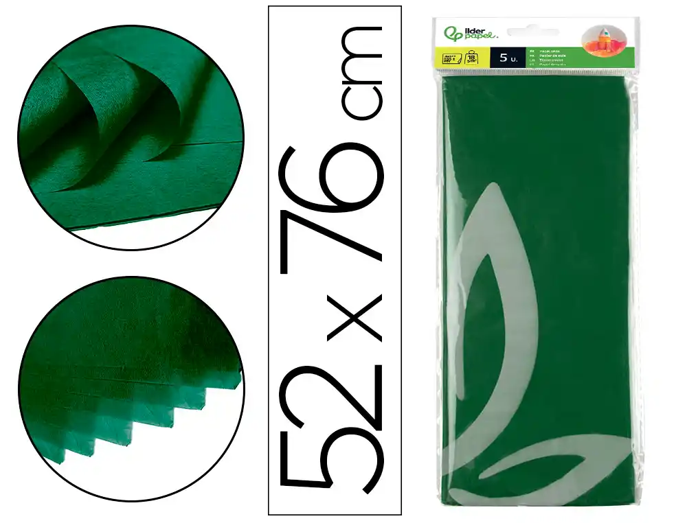 [72798] Papel seda liderpapel 52x76cm 18g/m2 bolsa de 5 hojas verde oscuro