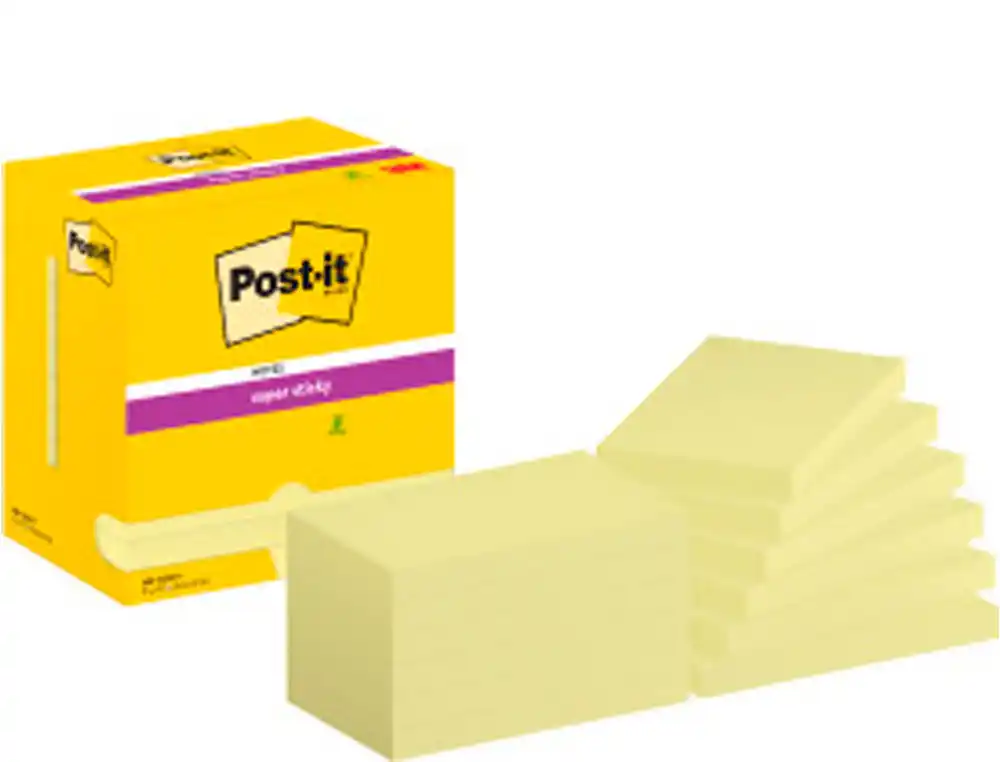 [72234] Bloc de notas adhesivas quita y pon post-it super sticky 76x127 mm con 12 bloc amarillo canario