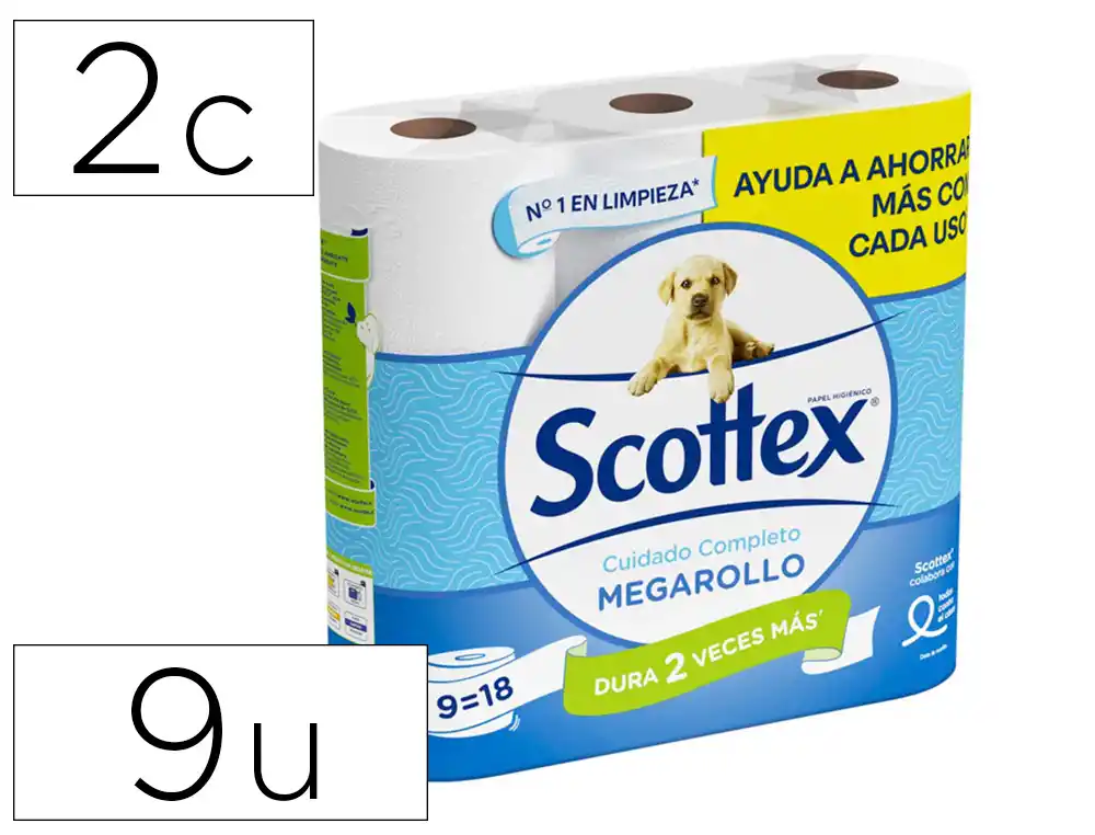 Papel higienico scottex megarrollo doble largo 2 capas paquete de 9 rollos